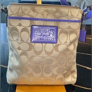Coach Beige Jacquard Crossbody with Purple Trim